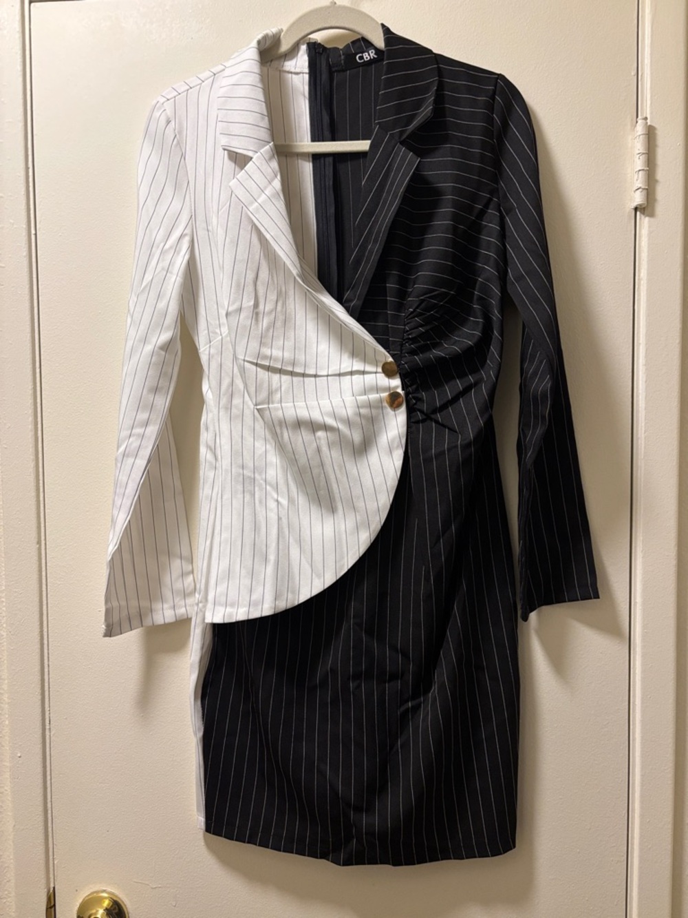 CBR Black and White Pinstripe Asymmetrical Blazer Dress - Picture 2 of 11